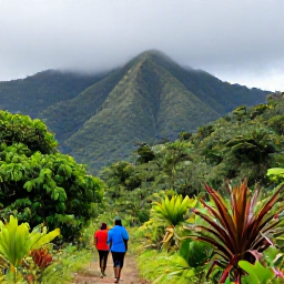 Caribbean Holidays, May Walking Holidays, Hikers walking through lush rainforest on Mount Liamuiga in Saint Kitts, with tropical plants and misty mountain slopes