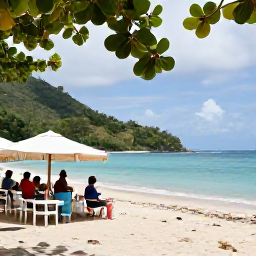 Caribbean Holidays, May Walking Holidays, Travellers relaxing at a beachfront caf&eacute; after a walk in Saint Vincent and the Grenadines, with tropical scenery and calm sea