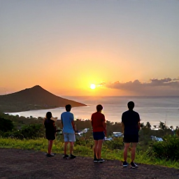 Caribbean Holidays, May Walking Holidays, Walkers admiring a sunset view across the Caribbean from a hillside on Saint Kitts, with warm evening light and distant Nevis