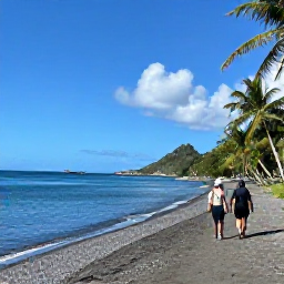 Caribbean Holidays, May Walking Holidays, Walkers exploring a quiet black-sand beach and coastal path on Saint Vincent, with fishing boats and palm trees