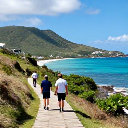 Caribbean Holidays, May Walking Holidays, Walkers following a gentle island path above a Caribbean bay on Saint Barth&eacute;lemy, with green hills and clear blue water