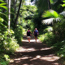 Caribbean Holidays, May Walking Holidays, Walkers following a well-marked rainforest path beneath tropical trees, with filtered sunlight and lush Caribbean vegetation