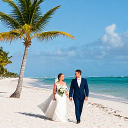 Caribbean Holidays, May Weddings, A bride and groom walking along a sunny Dominican Republic beach in May, with palm trees, turquoise sea and soft white sand