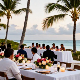 Caribbean Holidays, May Weddings, A Caribbean wedding reception under palm trees, with tropical flowers, candlelit tables and guests dining beside the sea