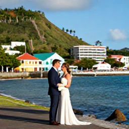 Caribbean Holidays, May Weddings, A couple exploring Basseterre and the scenic coastline of Saint Kitts after their wedding, with colourful buildings and tropical hills
