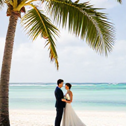 Caribbean Holidays, May Weddings, A happy couple beside a turquoise Caribbean sea on a bright May morning, with palm trees and a simple beach wedding setting