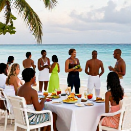 Caribbean Holidays, May Weddings, A happy wedding party enjoying a relaxed reception beside a Caribbean beach, with tropical food and drinks on tables