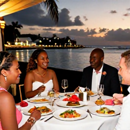 Caribbean Holidays, May Weddings, A happy wedding party enjoying a sunset dinner at a waterfront restaurant in Saint Martin, with tropical dishes and harbour lights