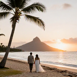 Caribbean Holidays, May Weddings, A newly married couple walking along a palm-fringed beach on Saint Kitts at sunset, with Nevis Peak in the distance