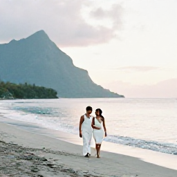 Caribbean Holidays, May Weddings, A newly married couple walking along a quiet Montserrat beach in May, with soft evening light and calm Caribbean water