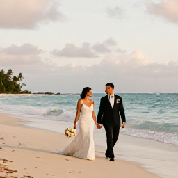 Caribbean Holidays, May Weddings, A newlywed couple walking along a quiet Caribbean beach after their May wedding, with warm evening light and gentle waves