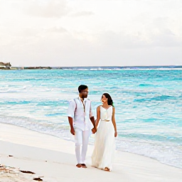 Caribbean Holidays, May Weddings, A newlywed couple walking hand in hand along a bright Caribbean beach in Saint Martin in May, with turquoise water and soft morning light