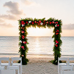 Caribbean Holidays, May Weddings, A romantic Caribbean beach wedding at sunset in May, with white chairs, tropical flowers and calm water