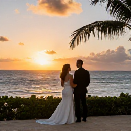 Caribbean Holidays, May Weddings, A romantic newlywed couple watching the sunset from a quiet Caribbean viewpoint overlooking Saint Martin and Sint Maarten