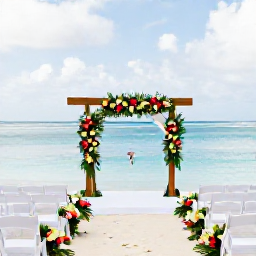 Caribbean Holidays, May Weddings, An elegant beach wedding ceremony on Saint Kitts, with white chairs, tropical flowers and calm turquoise water