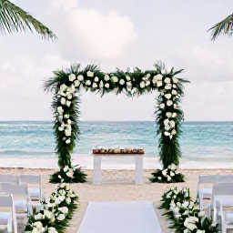 Caribbean Holidays, May Weddings, An elegant beachfront wedding ceremony in Punta Cana, Dominican Republic, decorated with white flowers and tropical greenery