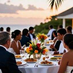 Caribbean Holidays, May Weddings, An elegant but informal Montserrat wedding reception at sunset, with local food, tropical flowers and guests dining outdoors