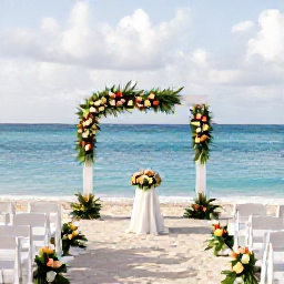 Caribbean Holidays, May Weddings, An elegant seaside wedding ceremony on a Caribbean beach in Sint Maarten, with white chairs, tropical flowers and a calm blue sea
