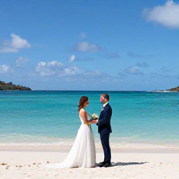 Caribbean Holidays, May Weddings, Bride and groom exchanging vows beside a turquoise Caribbean sea on a sunny British Virgin Islands beach in May