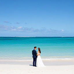 Caribbean Holidays, May Weddings, Bride and groom standing beside a turquoise lagoon on a white sandy beach in Turks and Caicos in May