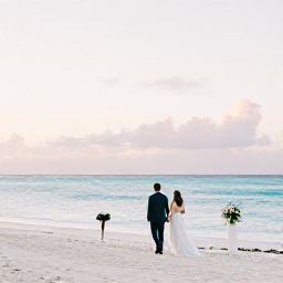 Caribbean Holidays, May Weddings, Bride and groom walking along a bright white sandy beach in Grand Cayman at sunset, with calm turquoise sea and a simple tropical wedding setting