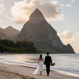 Caribbean Holidays, May Weddings, Bride and groom walking along a quiet Saint Lucia beach at golden hour, with the Pitons in the distance