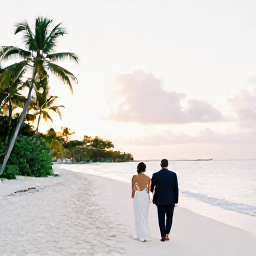 Caribbean Holidays, May Weddings, Bride and groom walking along a quiet white-sand beach in Antigua at sunset, with turquoise sea and palm trees