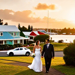 Caribbean Holidays, May Weddings, Bride and groom walking through Gustavia in May, with colourful buildings, harbour views and warm Caribbean evening light
