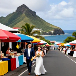 Caribbean Holidays, May Weddings, Couple exploring Martinique in May, visiting a colourful market and enjoying a scenic coastal road with tropical hills