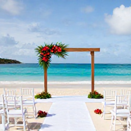 Caribbean Holidays, May Weddings, Elegant beach wedding ceremony in Antigua with white chairs, tropical flowers and the Caribbean Sea in the background