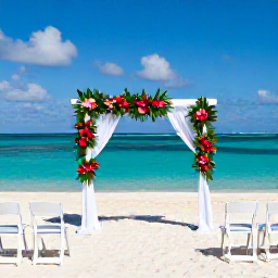 Caribbean Holidays, May Weddings, Elegant beach wedding ceremony on Seven Mile Beach, Grand Cayman, with white chairs, tropical flowers and turquoise Caribbean water