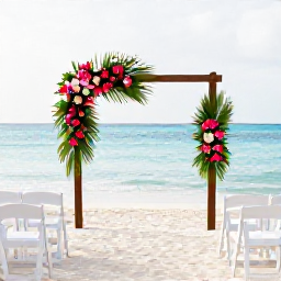 Caribbean Holidays, May Weddings, Elegant beach wedding ceremony with white chairs, tropical flowers and a calm turquoise sea at Grace Bay in May
