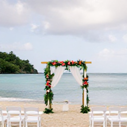 Caribbean Holidays, May Weddings, Elegant outdoor wedding ceremony on a Saint Lucia beach with tropical flowers, white chairs and calm turquoise sea