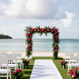 Caribbean Holidays, May Weddings, Elegant outdoor wedding ceremony overlooking a Martinique beach, with tropical flowers, white chairs and calm blue sea