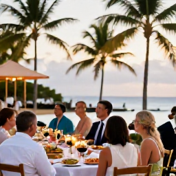 Caribbean Holidays, May Weddings, Happy wedding guests enjoying a relaxed Caribbean reception under palm trees in Antigua, with tropical food and soft evening lighting