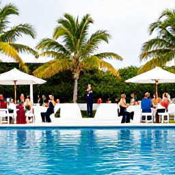 Caribbean Holidays, May Weddings, Happy wedding guests sharing a relaxed outdoor reception beside a Saint Lucia resort pool with tropical greenery