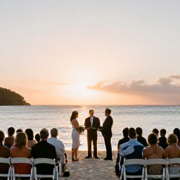 Caribbean Holidays, May Weddings, Intimate Saint Barth&eacute;lemy wedding ceremony at sunset in May, with guests seated beside a calm Caribbean beach