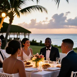Caribbean Holidays, May Weddings, Martinique wedding couple and guests enjoying a sunset reception with Creole food, tropical flowers and lanterns