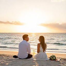 Caribbean Holidays, May Weddings, Newly married couple enjoying a sunset picnic and champagne beside the beach in Turks and Caicos