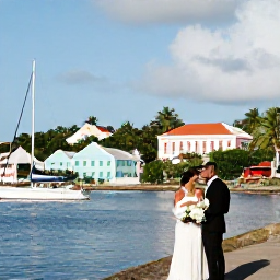 Caribbean Holidays, May Weddings, Newly married couple exploring Nelson&rsquo;s Dockyard in Antigua, surrounded by historic buildings, sailboats and tropical greenery