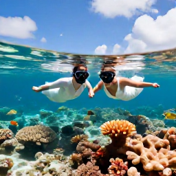 Caribbean Holidays, May Weddings, Newly married couple snorkelling over a colourful coral reef in clear Cayman Islands water, with tropical fish and a sunny sky
