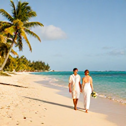 Caribbean Holidays, May Weddings, Newly married couple walking along a quiet Martinique beach in warm May sunshine, with turquoise water and palm trees