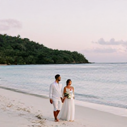 Caribbean Holidays, May Weddings, Newlywed couple walking along a peaceful British Virgin Islands beach after a May wedding, warm evening light and calm sea