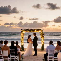Caribbean Holidays, May Weddings, Newlyweds and their family enjoying a sunset wedding reception on a Dominican Republic beach, with warm lights and gentle waves