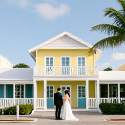 Caribbean Holidays, May Weddings, Newlyweds enjoying a relaxed May holiday in George Town, Grand Cayman, with colourful buildings, palm trees and bright Caribbean sunshine