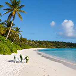 Caribbean Holidays, May Weddings, Quiet white-sand beach in the British Virgin Islands with wedding chairs, tropical greenery and calm blue water