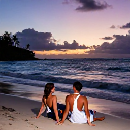 Caribbean Holidays, May Weddings, Romantic newlywed couple relaxing on a Martinique beach at dusk, with gentle waves and a tropical sunset