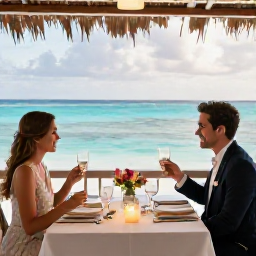 Caribbean Holidays, May Weddings, Romantic newlywed dinner at an open-air restaurant overlooking the turquoise Caribbean Sea in Turks and Caicos
