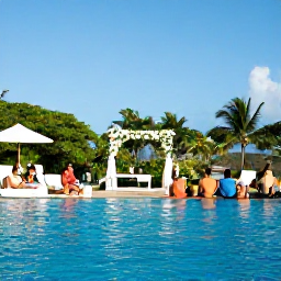 Caribbean Holidays, May Weddings, Wedding guests relaxing beside an infinity pool at a Dominican Republic resort, with tropical gardens and a clear blue sky