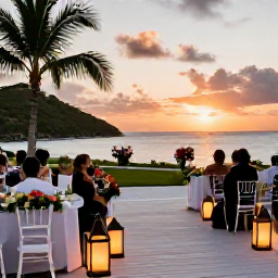 Caribbean Holidays, May Weddings, Wedding reception on a British Virgin Islands terrace at sunset with tropical flowers, lanterns and guests overlooking the sea